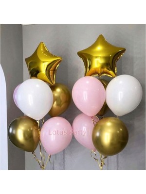 Feyza Design 20 Adet Çok Renkli Balon Seti - Pembe, Beyaz, Krom Gold ve Yıldız Balon