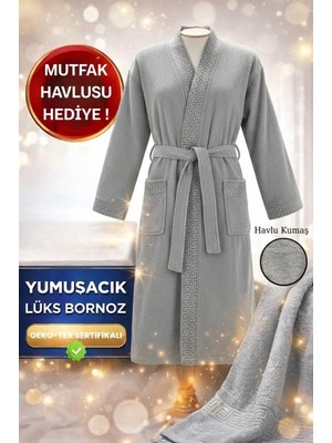 Layvera Erkek-Kadın Bornoz Gri %100 Pamuk Bornoz | Greek Desen-Krem-Cepli