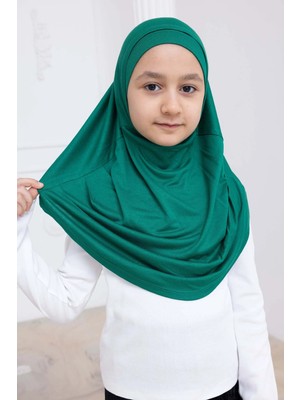 İhvan Online Pratik Hazır Geçmeli Çocuk Şal, Rahat Lastikli Hijab Başörtü Yeşil