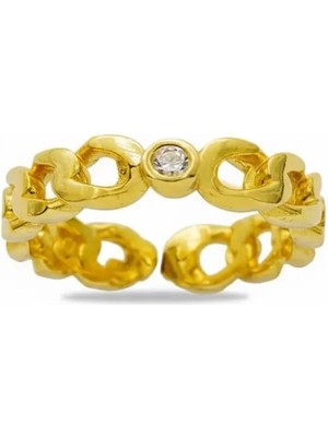 Tesbihane Zirkon Taşlı Zincir Tasarım Gold Renk 925 Ayar Gümüş Kadın Tektaş Yüzük