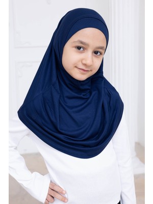 İhvan Online Pratik Hazır Geçmeli Çocuk Şal, Rahat Lastikli Hijab Başörtü Lacivert