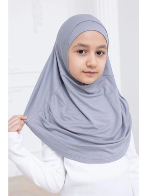 İhvan Online Pratik Hazır Geçmeli Çocuk Şal, Rahat Lastikli Hijab Başörtü Gri