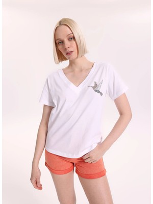 Fabrika Kırık Beyaz Kadın Regular Fit Baskılı T-Shirt F6SL-TST0298