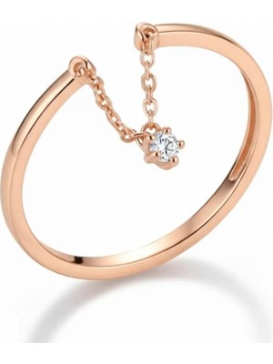 Tesbihane Zirkon Taşlı Zincirli Rose Renk 925 Ayar Gümüş Kadın Tektaş Yüzük