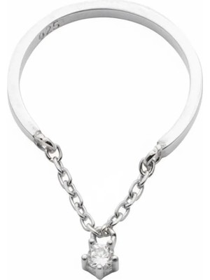 Tesbihane Zirkon Taşlı Zincirli Silver Renk 925 Ayar Gümüş Kadın Tektaş Yüzük