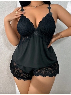 Wesby Büyük Beden Dantel Dekolteli Yüksek Bel Şort Bluz Takım