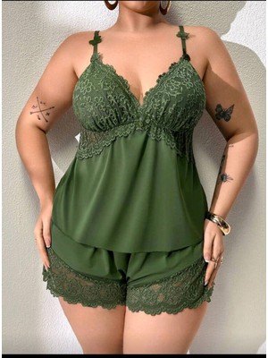 Wesby Büyük Beden Dantel Dekolteli Yüksek Bel Şort Bluz Takım