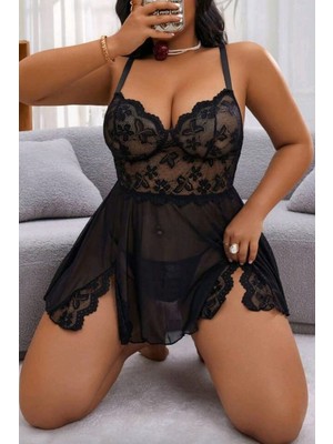 Wesby Büyük Beden Yandan Dantelli Tül Gecelik Kulot Takım