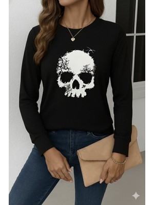 Sun&north Kadın Uzun Kollu Bisiklet Yaka Kurukafa Desenli Viskon Bluz