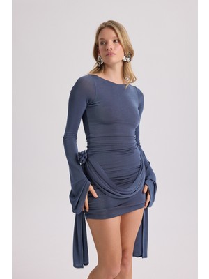 Mai Avenya Gül Detay İndigo Mini Elbise