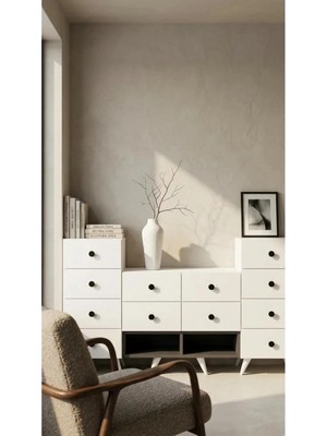 Miramob 12 Çekmeceli ve 2 Bölmeli Modern Şifonyer Geniş Konsol Saklama Ünitesi Antrasit Beyaz