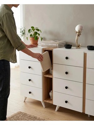 Miramob 12 Çekmeceli ve 4 Bölmeli Modern Şifonyer Geniş Konsol Saklama Ünitesi Safir Meşe Beyaz