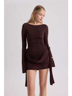 Mai Avenya Gül Detay Kahve Mini Elbise