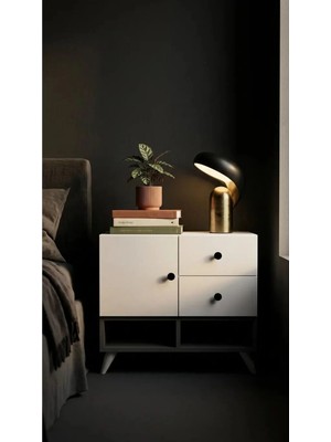 Miramob Kapaklı 2 Çekmeceli ve 2 Bölmeli Modern Başucu Sehpası Geniş Komodin Antrasit Beyaz