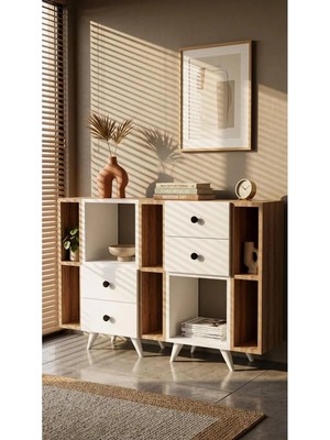 Miramob 4 Çekmeceli ve 8 Bölmeli Modern Şifonyer Geniş Konsol Antre Ünitesi Safir Meşe Beyaz