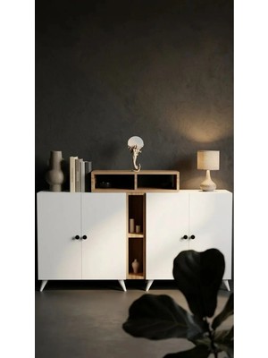 Miramob 4 Kapaklı ve 4 Bölmeli Modern Dev Şifonyer Konsol Antre Ünitesi 147 cm Safir Meşe Beyaz