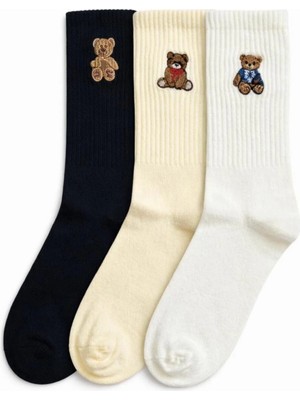 Unisex 3’lü Ayıcık Nakışlı Çorap Seti – Siyah, Krem ve Beyaz, Günlük Kullanıma Uygun Sneaker Çorap