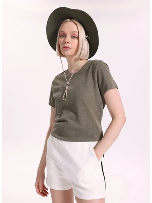 Fabrika Bisiklet Yaka Düz Haki Kadın T-Shirt F6SL-TST0355