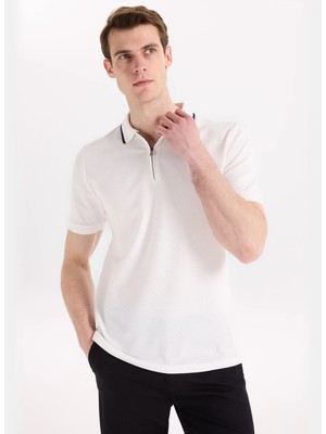 Fabrika Beyaz Erkek Slim Fit Jakarlı Polo T-Shirt F6SM-TST 2057
