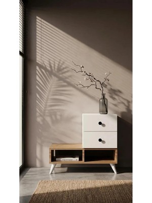 Miramob 2 Çekmeceli ve 2 Bölmeli Modern Başucu Sehpası Geniş Komodin Safir Meşe Beyaz