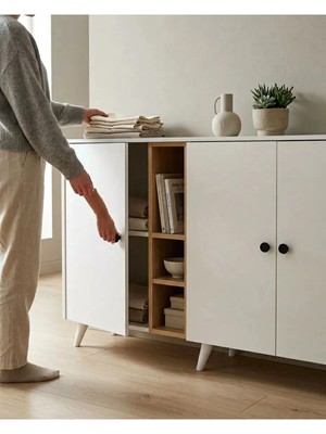 Miramob 4 Kapaklı ve 2 Bölmeli Modern Dev Şifonyer Konsol Antre Ünitesi 147 cm Safir Meşe Beyaz