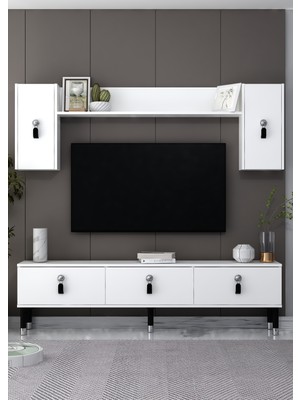 Demonte Decor 1391TV180DD-64 Tv Sehpası,tv Ünitesi Beyaz-Siyah Gümüş