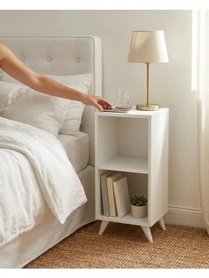 Miramob 2 Bölmeli Modern Kitaplık Komodin Başucu Sehpası Beyaz