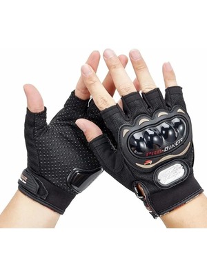 Motosiklet Eldiveni Kısa Yarım Parmak Motorcu Eldiveni Siyah - Probiker Korumalı Motor Eldiveni