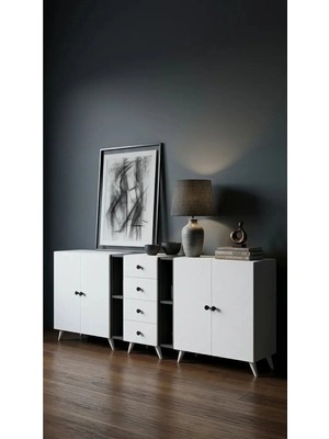 Miramob 4 Kapaklı 4 Çekmeceli ve 4 Bölmeli Modern Dev Konsol Şifonyer 195 cm Antrasit Beyaz