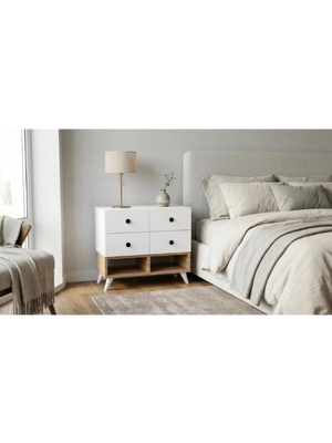 Miramob 4 Çekmeceli ve 2 Bölmeli Modern Başucu Sehpası Geniş Komodin Safir Meşe Beyaz