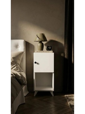 Miramob Raf Bölmeli ve Kapaklı Modern Başucu Sehpası Çok Amaçlı Komodin Beyaz