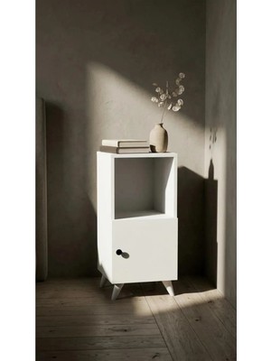Miramob Raf Bölmeli ve Kapaklı Modern Başucu Sehpası Çok Amaçlı Komodin Beyaz