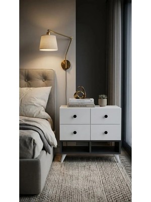 Miramob 4 Çekmeceli ve 2 Bölmeli Modern Başucu Sehpası Geniş Komodin Antrasit Beyaz