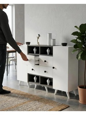 Miramob 2 Kapaklı 4 Çekmeceli ve 4 Bölmeli Geniş Şifonyer Konsol Antre Ünitesi 132 cm Antrasit Beyaz