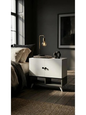 Miramob Çift Kapaklı ve 2 Bölmeli Modern Başucu Sehpası Geniş Komodin Beyaz Antrasit