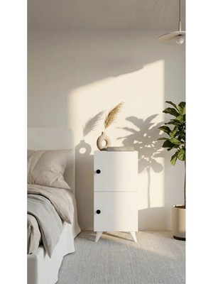 Miramob 2 Kapaklı Modern Dikey Başucu Sehpası Depolama Alanlı Komodin Beyaz