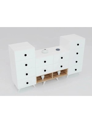 Miramob 12 Çekmeceli ve 2 Bölmeli Modern Şifonyer Geniş Konsol Saklama Ünitesi Safir Meşe Beyaz