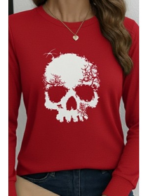 Infivento Kadın Uzun Kollu Bisiklet Yaka Kurukafa Desenli Viskon Bluz