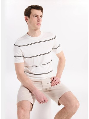 Fabrika Beyaz Erkek Bisiklet Yaka Slim Fit Çizgili Kazak F6SM-KZK 2301