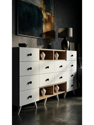 Miramob 12 Çekmeceli ve 4 Bölmeli Modern Dev Şifonyer Geniş Konsol Saklama Ünitesi Safir Meşe Beyaz