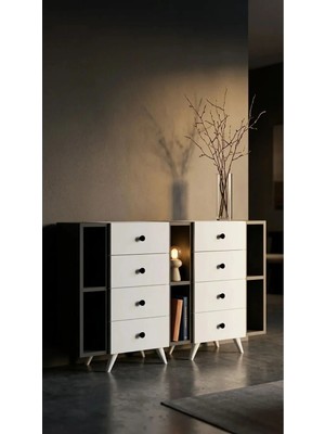 Miramob 8 Çekmeceli ve 6 Bölmeli Modern Şifonyer Geniş Konsol Saklama Ünitesi Antrasit Beyaz