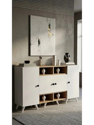 Miramob 4 Kapaklı ve 4 Bölmeli Modern Geniş Şifonyer Konsol Antre Ünitesi 132 cm Safir Meşe Beyaz