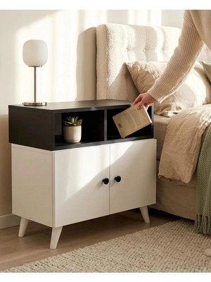 Miramob Çift Kapaklı ve 2 Bölmeli Modern Başucu Sehpası Geniş Komodin Antrasit Beyaz