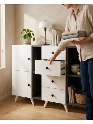 Miramob 4 Kapaklı 4 Çekmeceli ve 4 Bölmeli Şifonyer Geniş Konsol Saklama Ünitesi Antrasit Beyaz