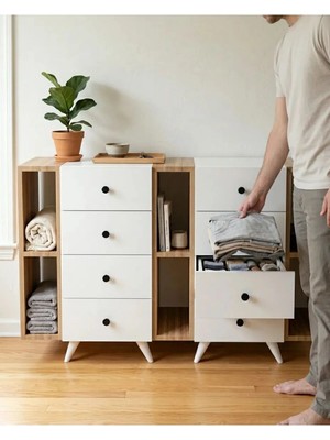 Miramob 8 Çekmeceli ve 6 Bölmeli Modern Şifonyer Geniş Konsol Saklama Ünitesi Safir Meşe Beyaz