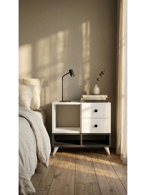 Miramob 2 Çekmeceli ve 3 Bölmeli Modern Başucu Sehpası Geniş Komodin Antrasit Beyaz