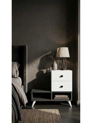 Miramob 2 Çekmeceli ve 2 Bölmeli Modern Başucu Sehpası Geniş Komodin Antrasit Beyaz