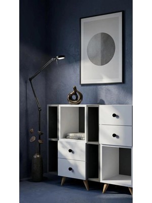 Miramob 4 Çekmeceli ve 8 Bölmeli Modern Şifonyer Geniş Konsol Antre Ünitesi Antrasit Beyaz