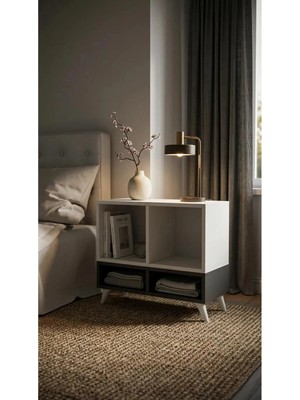 Miramob 4 Bölmeli Modern Başucu Sehpası Geniş Kitaplık Komodin Beyaz Antrasit