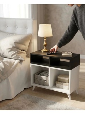 Miramob 4 Bölmeli Modern Başucu Sehpası Geniş Kitaplık Komodin Antrasit Beyaz